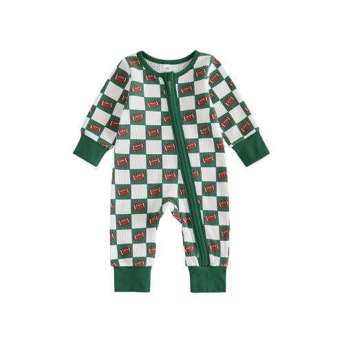 Lairauiy Infant Baby Boy Romper Long Sleeve Round Neck Checkered Football Print Jumpsuit 0-12 Months