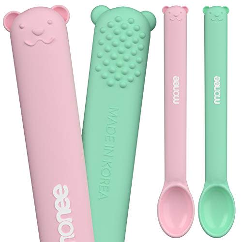 Monee Baby Spoons with Teethers - Utensils for Baby Feeding and Baby Led Weaning. Super Soft Silicone Baby Spoons