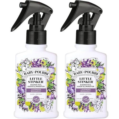 Baby-Pourri Little Stinker Diaper Pail Deodorizer Spray,3.4 Fl Oz,Up to 150 Uses,Odor Freshener with Essential Oils,Nursery Essentials,Lavender,Bergamot,Eucalyptus & Vanilla Scent,(Pack of 2)
