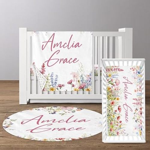 Custom Name Crib Bedding Set, Personalized Nursery Bedding 3-Piece Set– Soft Blanket, Fitted Sheet, Room Rug – Perfect Nursery Gifts for Newborns, Pink Floral Pattern for Baby Girls