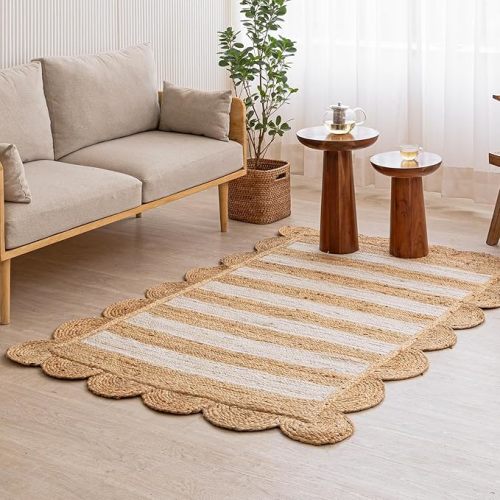 HOMEMONDE Scallop Jute Rug - 5'x8' Natural Fiber Boho Farmhouse Style Décor - Handmade Rustic Vintage Braided Area Rug for Bedroom, Living Room, Dining Area, Kitchen