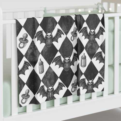Gothic Baby Bat Pattern Baby Swaddle Blanket | Black White Diamond Pacifier Bottle