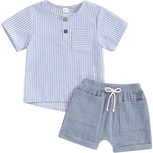 fhutpw Baby Boy Summer Outfits Henley Shirt Soft Pocket Short Sleeve Tops & Shorts Sets Infant 3 6 12 18 Months 2T Clothes