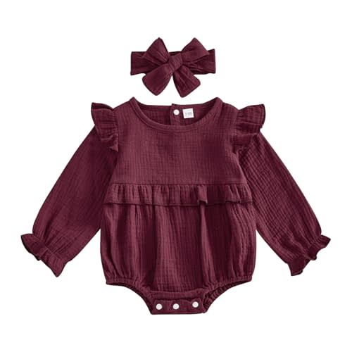 Mobbdow Newborn Infant Baby Girl Clothes Cotton Linen Long Sleeve Smocked Bubble Romper Ruffle Bodysuit Jumpsuit Fall Outfit