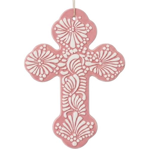 Ferrochef Pink Cross for Wall Talavera Ceramic Cross Decor Mexican Hanging Christian Wall Art 6.7 x 5.1 Inch for Home Living Room Entryway Patio Decoration