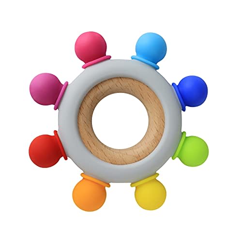 Arudyo Baby Teething Toys Silicone Teethers BPA Free Silicone Rudder with Wooden Ring Soothe Babies Gums (8 Directions - Rainbow)