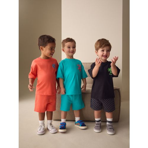 Coral/Aqua/Black Slogan Short Sleeve T-Shirt and Shorts Set 3 Pack (3mths-7yrs)