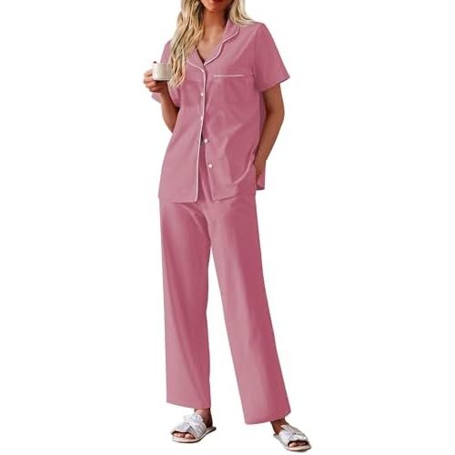 Ekouaer Women's 100% Cotton Pajamas Set Short Sleeve Button Down Pjs 2 Piece Soft Sleepwear with Long Pants Lounge Set