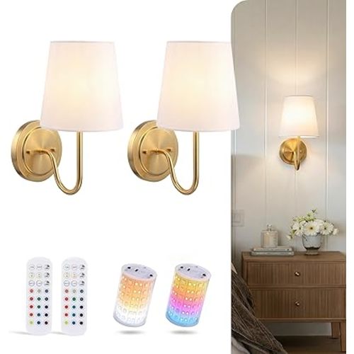 CLOUDY BAY 10000mAh Battery Operated Wall Sconces,Up to 100 Hours with Rechargeable RGB Dimmable Magnetic Bulb,Cordless Wall Lighting Fixtures with Remote for Bedroom,Soft Gold,2 Pack-12inch
