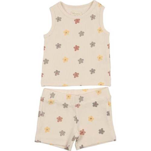 Floral Ribbed 2Pc Set, Beige Girl - Maniere | Maisonette