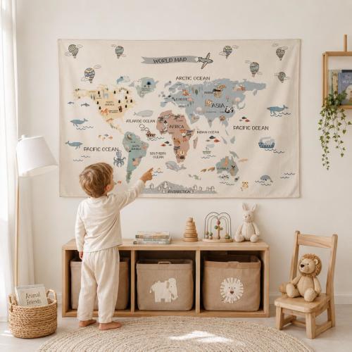 Skyland World Map Wall Decor - Organic Cotton Tapestry for Nursery Art - Neutral Montessori Decor