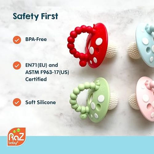 RaZbaby Soft Silicone Infant & Baby 3M+ Teether Toy Massaging Bristles Teething Relief Pacifier - Soothes Sore Gums - Hands-Free & Easy-to-Hold Chompy Teether, BPA Free (RED/Pink)