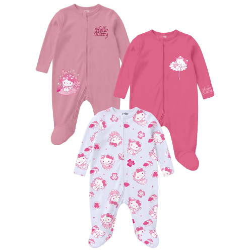 Hello Kitty Baby Girls 3 Pack Sleep n’ Play Coverall, Sizes Newborn-9M