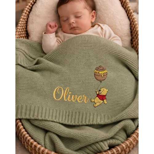 Winnie The Pooh Ballon Embroidered Baby Blanket, Personalized Pooh Honey Fly Knit Throw, Disney Welcome Baby Blanket, Nursery Keepsake Gift