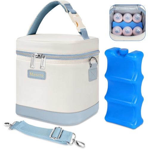 Mancro Baby Bottle Cooler Bag for Breast Milk, Includes Ice Pack, Fits 6 x 9oz Bottles, Insulated Daycare Bag for Nursing Moms, Leakproof Breastmilk Tote,Blue & Beige