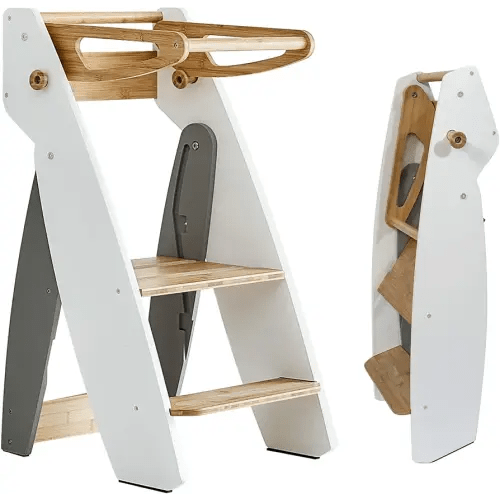 Toddler Tower Foldable Kids Kitchen Step Stool, Folding Learning Tower for Toddlers with Safty Rail, Montessori Standing Tower with 3 Adjustable Heights, Natural Bamboo, White