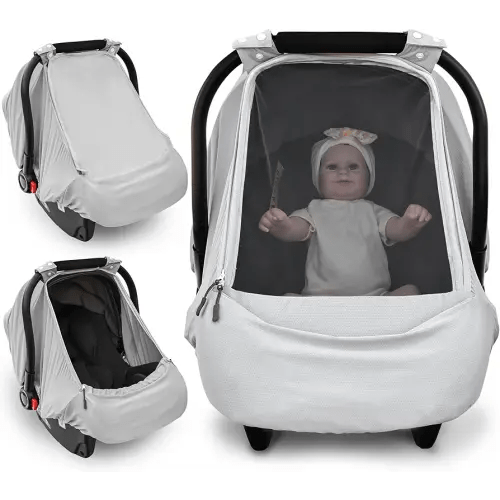 Baby Car Seat Cover,Sunproof Car Seat Canopy for Babies, Extra Large Mesh Window Baby Car Seat Sun Shade Cover,Infant Carseat Covers for Summer/Autumn Use(Gray)