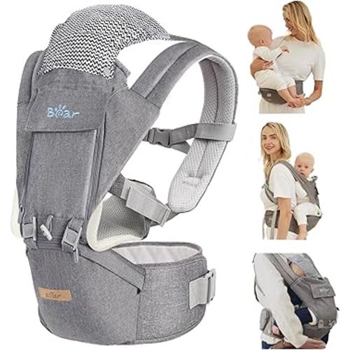 Bear Baby Carrier, 6-in-1 Baby Carrier Newborn to Toddler with Hip Seat (Ergonomic M Position) for 3-36 Month/ 7-44lbs Baby, Adjustable Size for Enhanced Lumbar Support, Perfect for On-The-go