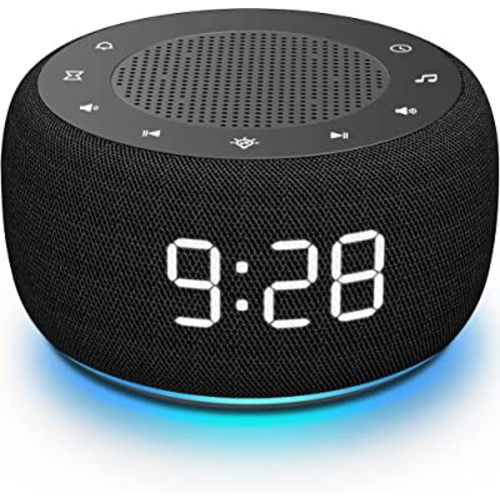 Buffbee Sound Machine & Alarm Clock 2-in-1, 0-100% Clock Face Brightness, Bottom Colored Light, Sleep Timer, Precise 30-Level Volume Control White Noise Machine