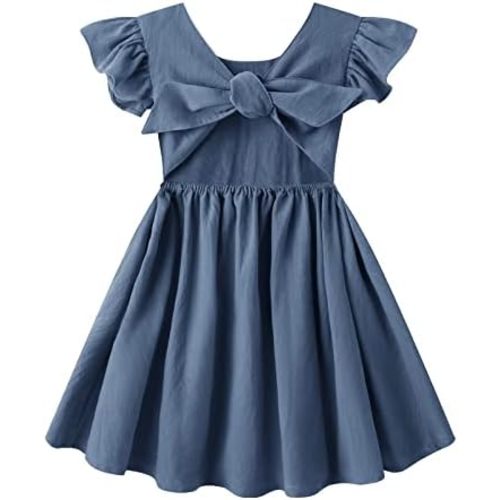 Toddler Baby Girl Cotton Linen Summer Dress Ruffle Sleeve Back Bowknot Kids Beach Dresses