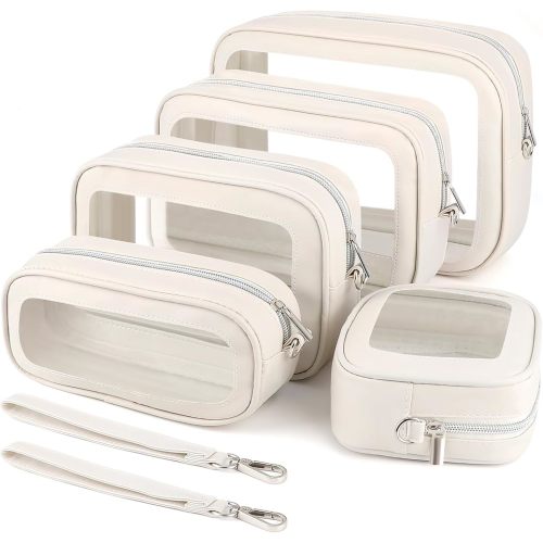 5PCS Clear Makeup Bags with Handles, TSA Approved Toiletry Bags, Diaper Bag Organizer Pouch, TPU Car Storage Organizer with Zippers, Waterproof Travel Organizer Bag for Women