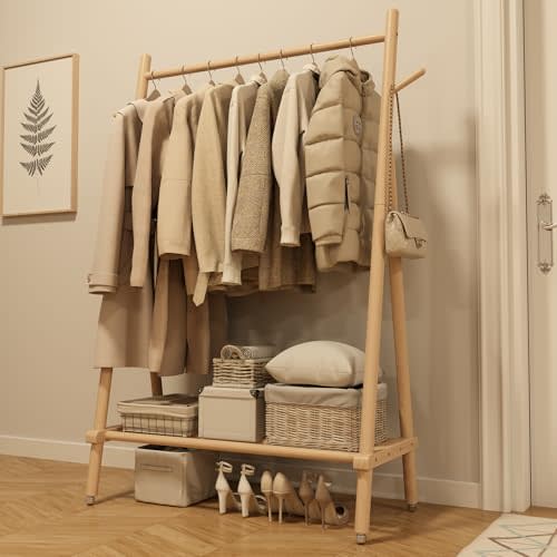 Muwuele Solid Wood Clothing Rack, Rolling Clothes Rack for Hanging Clothes, Garment Rack with Shelves Load 350 Lbs, Portable Closet Organizer on Wheels for Hanging Clothes (Natural)