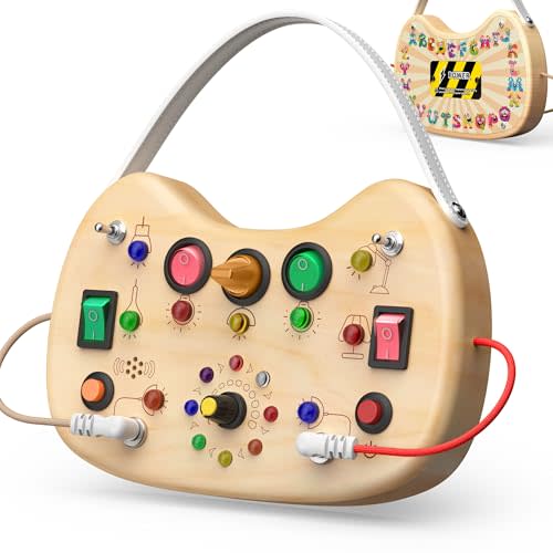 Montessori Wooden Busy Board for Toddlers with LED Light Lights & Switches,Portable Activity Board for Car & Airplane Travel Toys, Christmas & Birthday Gift for 1-3 Year Old Boys & Girls