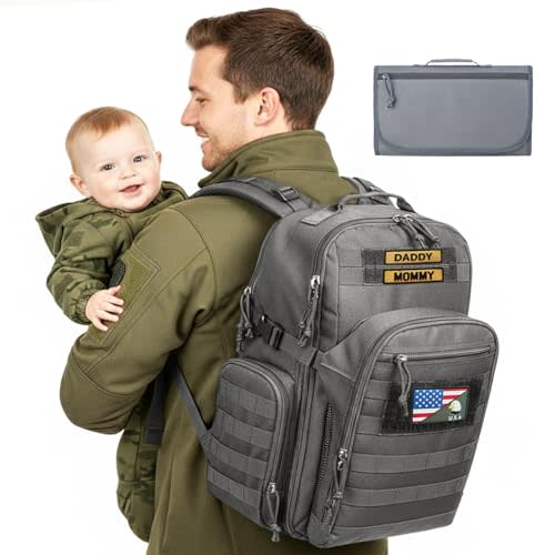 MIRACOL Dad Diaper Bag Military - Tactical Baby Backpack with Changing Pad for Outdoor Baby Care - Water-Resistant Fabric & MOLLE System Ideal for Travel Hiking Parks Grey