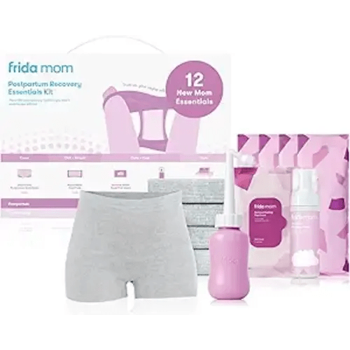Frida Mom 11pc Postpartum Essentials Kit Gift Set, Hospital Bag Must Haves for New Mom, Includes 4 Disposable Postpartum Underwear, 4 Ice Maxi Pads, Perineal Healing Foam & 24 Pad Liners & Peri Bottle