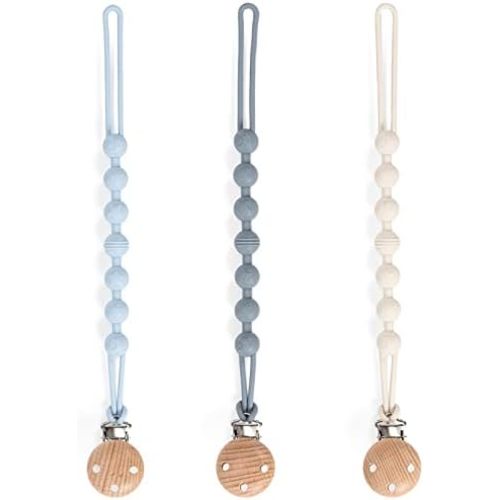 Pacifier Clip, 3 Pack Silicone Pacifier Clips with Wooden Design Pacifier Holder Clip, Soother Clips for Baby Boy & Girl (White+Light Blue+Grayish Blue)