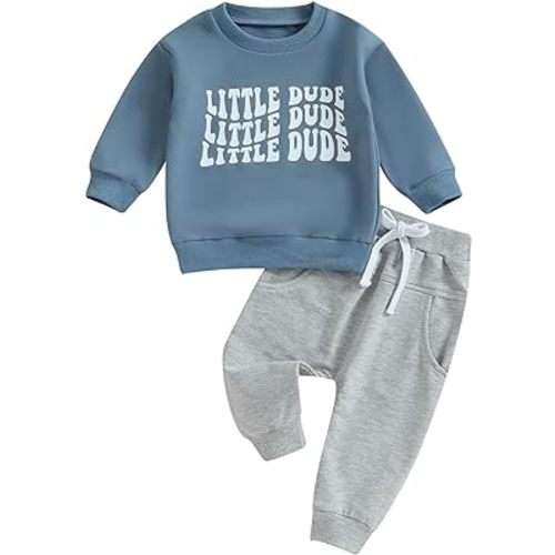 Baby Toddler Boys Fall Winter Outfits Little Dude Letter Printed Long Sleeve Sweatshirts Pants 2Pcs Clothes Set