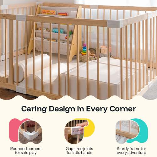 HARPPA Wooden Baby Gate Playpen | Non-Toxic Foldable DIY Adjustable Play Yard for Infants & Toddlers – Natural Finish Baby Fence for Small & Large Spaces