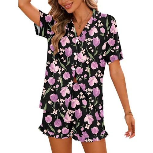 SWOMOG Woman Pajama Set Short Sleeve Pjs Set 2Pcs Short Pajamas Button Down Ruffle Hem Sleepwear Soft Modal Loungewear