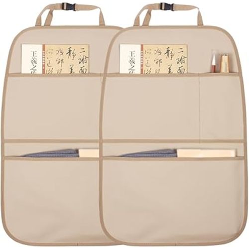 Kick Mat Back Seat Protector Waterproof Leather Car Seat Back Organizers Cover with 3 Storage Pockets for Kids Pets SUV Sedan Minivan Truck Car Travel Accessories (Beige 2-Pack)