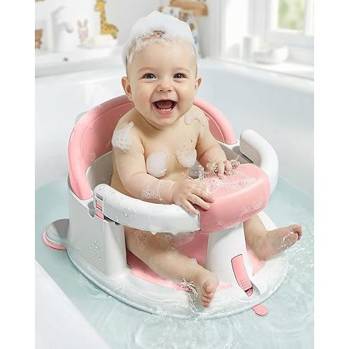 Baby Bath Seats for Babies Sitting Up, Non-Slip Baby Bathtub with 3 Suction Cups, Safe & Comfortable Toddler Bath Seat Ideal for Baby Bath/Shower Support, Stable Design, Pink (6-24 Months)
