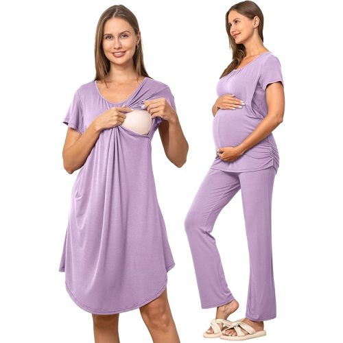 SUNNYBUY Women 3 PCS Maternity Nursing Nightgown Dress & Short Sleeve Breastfeeding Top & Pregnancy Pants Sleepwear Set