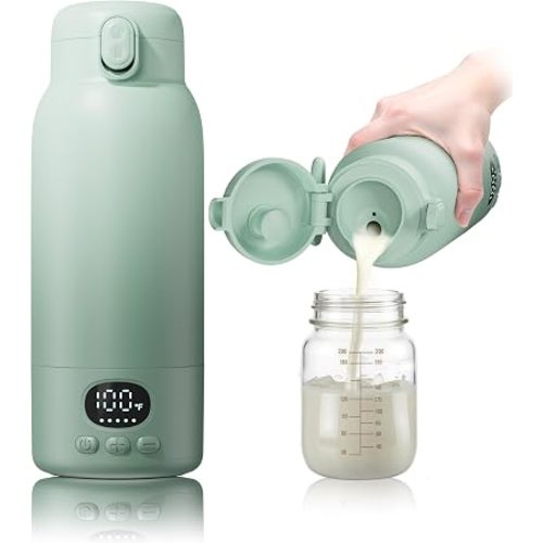Portable Bottle Warmer - Dual Heating Modes for Breast Milk & Water, 17 Ounces, Fast Heating, Long Lasting Battery, Ideal for Travel, Outdoor, Baby Shower, Light Green