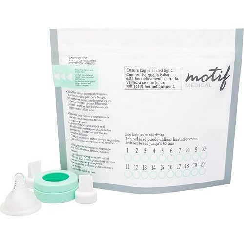 Motif Medical Microwave Sterilizer Bag for Pump Parts - Reusable Baby Bottle Sterilizer Bags w/Track Labels, Zipper Seal & More - Microwave Steam Bags -Must-Have Breastfeeding Essentials (Pack of 7)