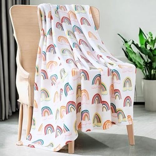 Rainbow Fleece Throw Blankets: Pastel Colored Rainbows in Green Purple Yellow and Blue on White Background, Soft Plush Accent for Sofa Couch Chair Bed Dorm or Travel, 50" x 60"