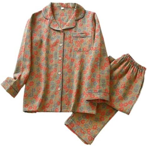 Vintage Leaf Cotton Lapel Loungewear Set, Ginkgo Leaf Button Colorful Floral Pure Pajama, Women's Pajama Two Piece Set