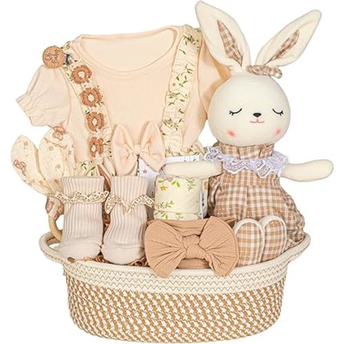Newborn Baby Girl Gift,Baby Shower Gifts for Girls,Baby Girl Gifts Baskets with Headband,Bodysuit Set New Born Essential Stuff, Gender Reveal Ideas Infant New Born Baby Girls Gift Basket