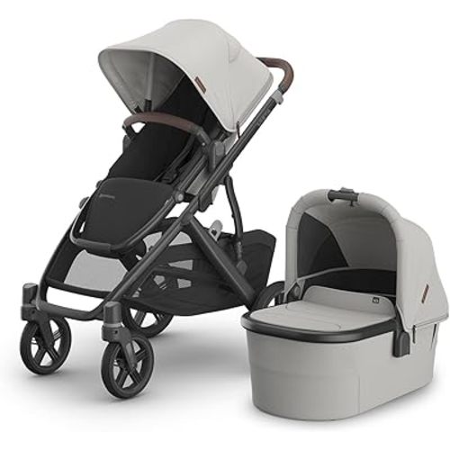 UPPAbaby Vista V3 Stroller + Bassinet V3 - Convertible Single-to-Double Stroller System- Bassinet, Toddler Seat, Bug Shield, Rain Shield Included - Savannah (Pearl Gray/Carbon Frame/Chestnut Leather)