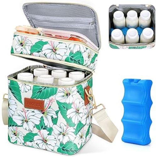 PIIOSER Breastmilk Cooler Bag with Ice Pack, Fits 6 Baby Bottles Up to 9 Oz, Stylish Baby Cooler Travel Bags with Shoulder Strap, Double Layer & Leakproof for Nursing & Working Moms Daycare, Floral