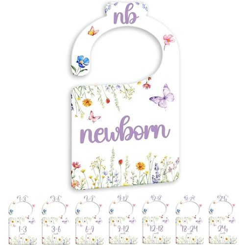Watercolor Wildflowers Baby Closet Dividers for Nursery Closet Organizer, Newborn to 24 Months Size Clothes, Purple Butterfly Hangers with Size Dividers, Double Sided