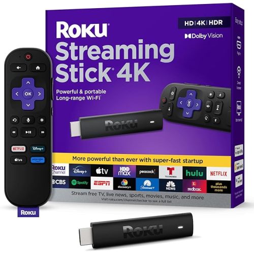 Roku Streaming Stick 4K - HDR & Dolby Vision Roku Streaming Device for TV with Voice Remote & Long-Range Wi-Fi - Free & Live TV