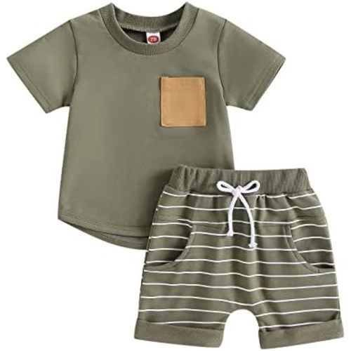 FOMOYUU Toddler Boys Summer Outfit Sets Short Sleeve Contrast Color Tops + Solid Color Drawstring Shorts
