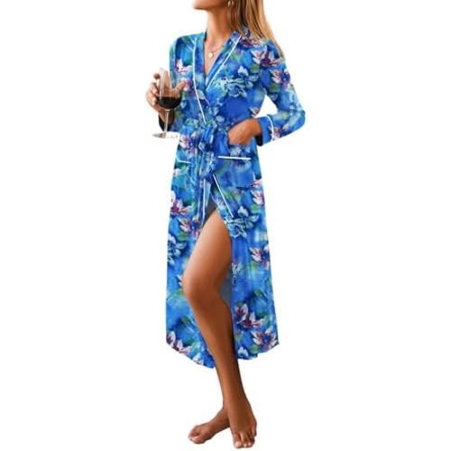 Ekouaer Women Kimono Robes Full Length Knit Bathrobe Lightweight Soft Sleepwear V-neck Casual Ladies Loungewear S-XXL