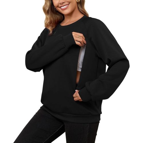 DEBELLY Nursing Friendly Sweatshirt for Breastfeeding Women Dual Zippers Nursing Top Long Sleeve Crew Neck Casual Wear