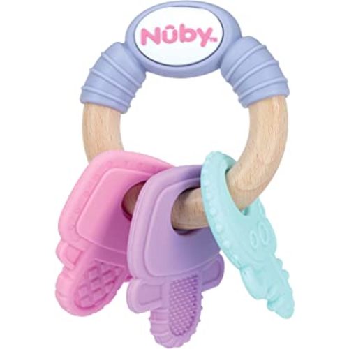 Nuby Wood and Silicone Natural Teether Keys - BPA-Free Toy for Baby Teething Relief - 3+ Months - Assorted Pastel Colors