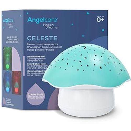Angelcare Celeste Musical Mushroom Night Light Baby Projector - Sleep Soother with Adjustable Volume Lullabies, White Noises, 3 Night Light Colors, and Cry Sensor Detector